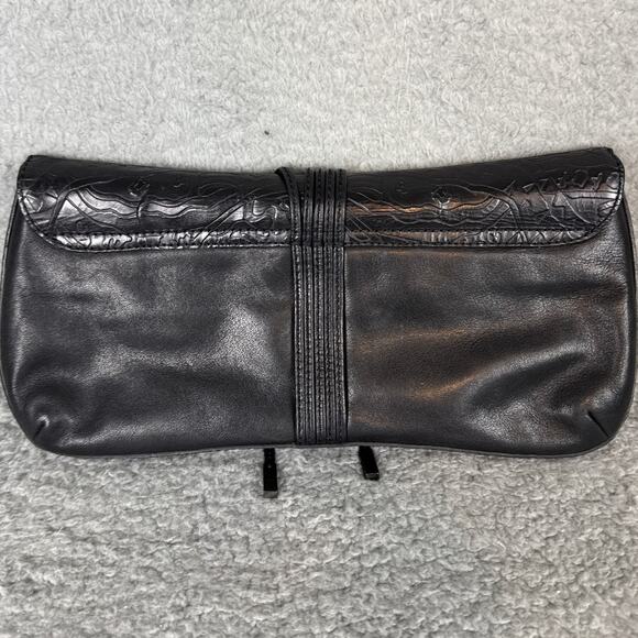 Via Spiga Africa Collection Black Leather Embossed Clutch Purse Magnetic Snap - Picture 2 of 12